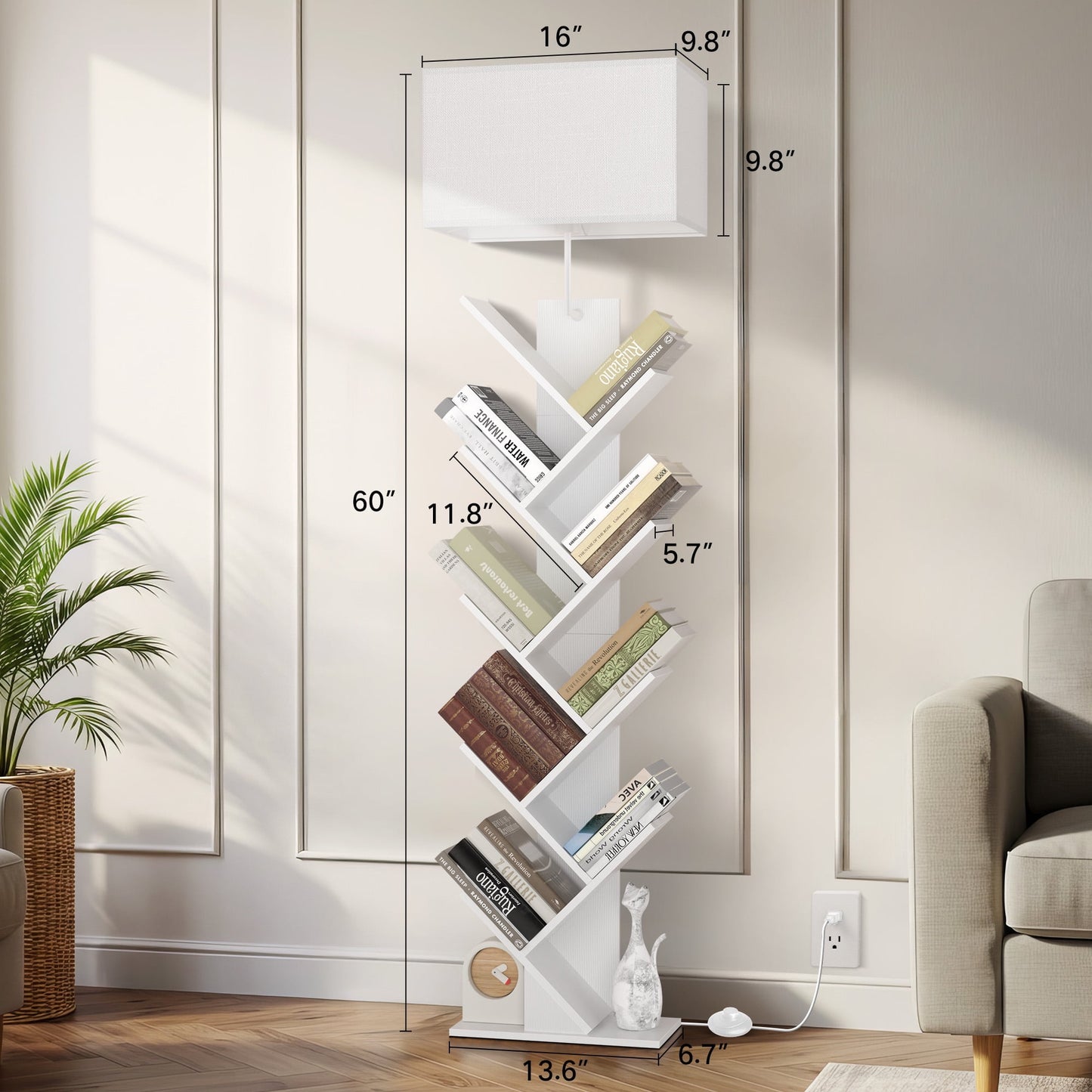 OUTONLIFE Floor Lamp with Remote,Tree Bookshelf with Light, 9-Tier Floor Standing Bookcase for Living Room Bedroom, Office, White