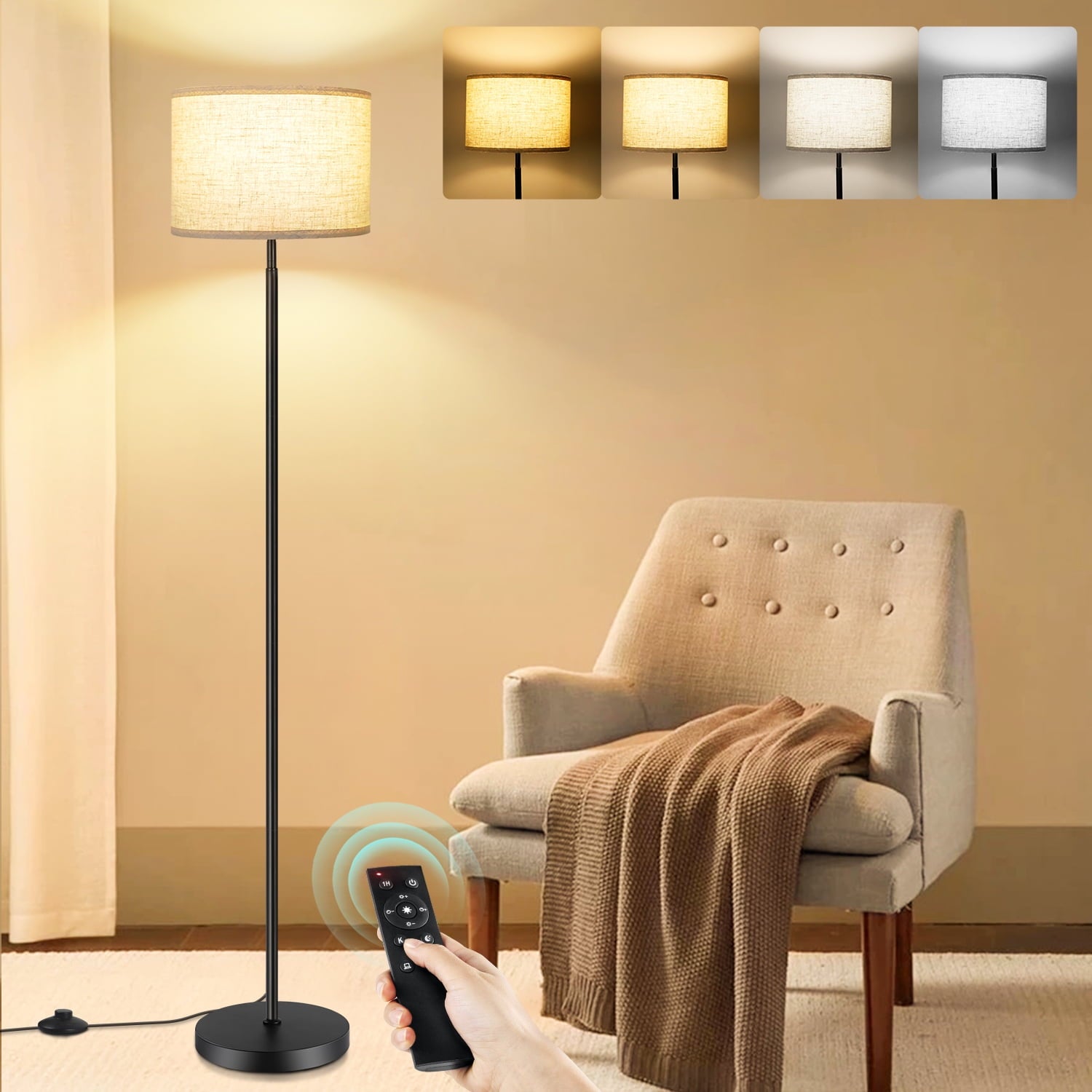 OUTON Floor Lamps for Living Room with Remote Control, 4 Color Temperatures Pole Lamps with Linen Shade for Bedroom, Office