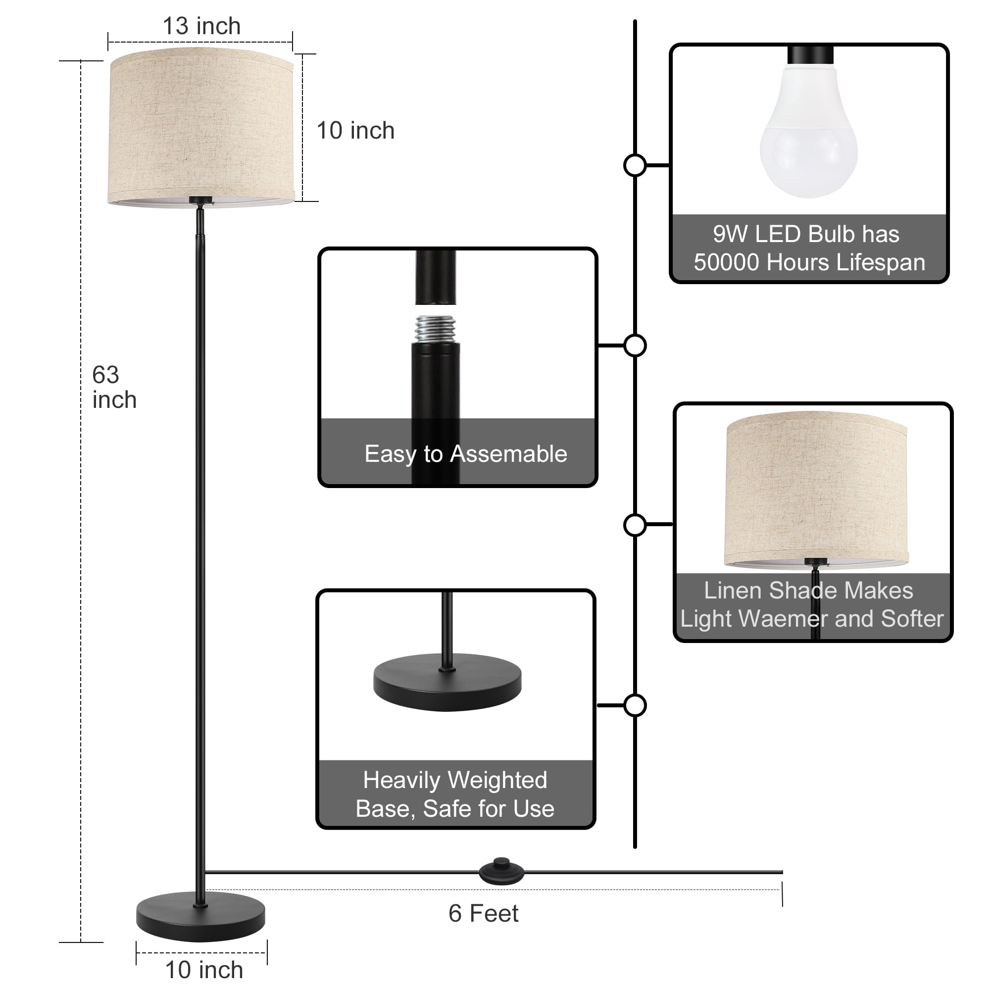 OUTON Floor Lamps for Living Room with Remote Control, 4 Color Temperatures Pole Lamps with Linen Shade for Bedroom, Office