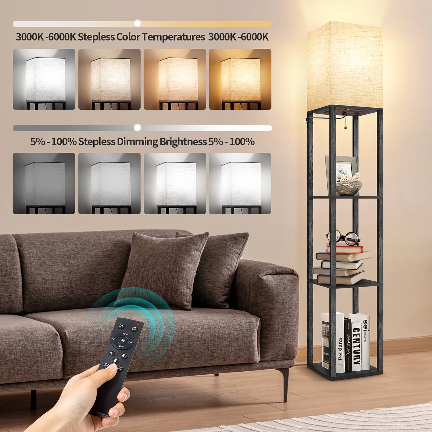 OUTON 63" Floor Lamp with Shelves, 4-Tier Dimmable Shelf Floor Lamp with Remote Control for Living Room, Bedroom- Black