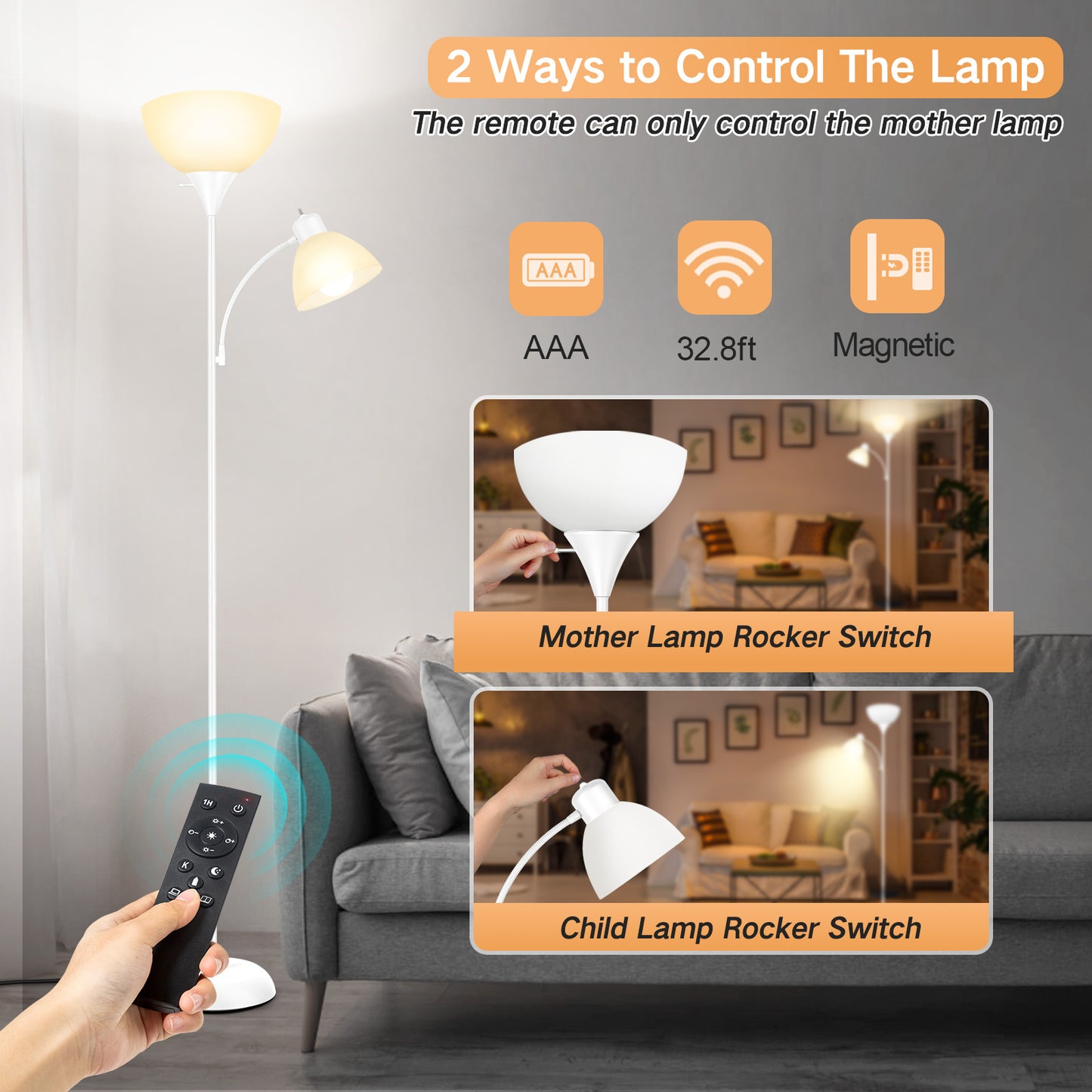 OUTON Dimmable Floor Lamp with Reading Lamp, Remote Control, 3 Color Temperatures, 2 x 9W Energy-Saving LED Bulbs, Modern Standing Tall Lamp for Living Rooms & Bedroom, Office (White)