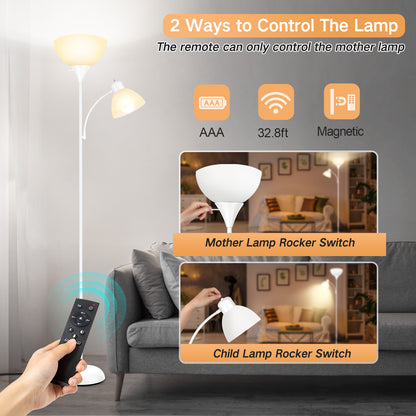 OUTON Dimmable Floor Lamp with Reading Lamp, Remote Control, 3 Color Temperatures, 2 x 9W Energy-Saving LED Bulbs, Modern Standing Tall Lamp for Living Rooms & Bedroom, Office (White)