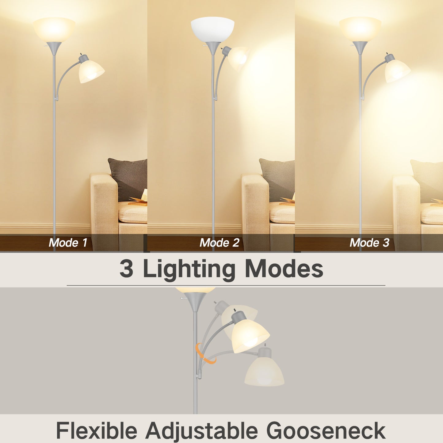 OUTON Dimmable Floor Lamp with Reading Lamp, Remote Control, 3 Color Temperatures, 2 x 9W Energy-Saving LED Bulbs, Modern Standing Tall Lamp for Living Rooms & Bedroom, Office (Silver Grey)