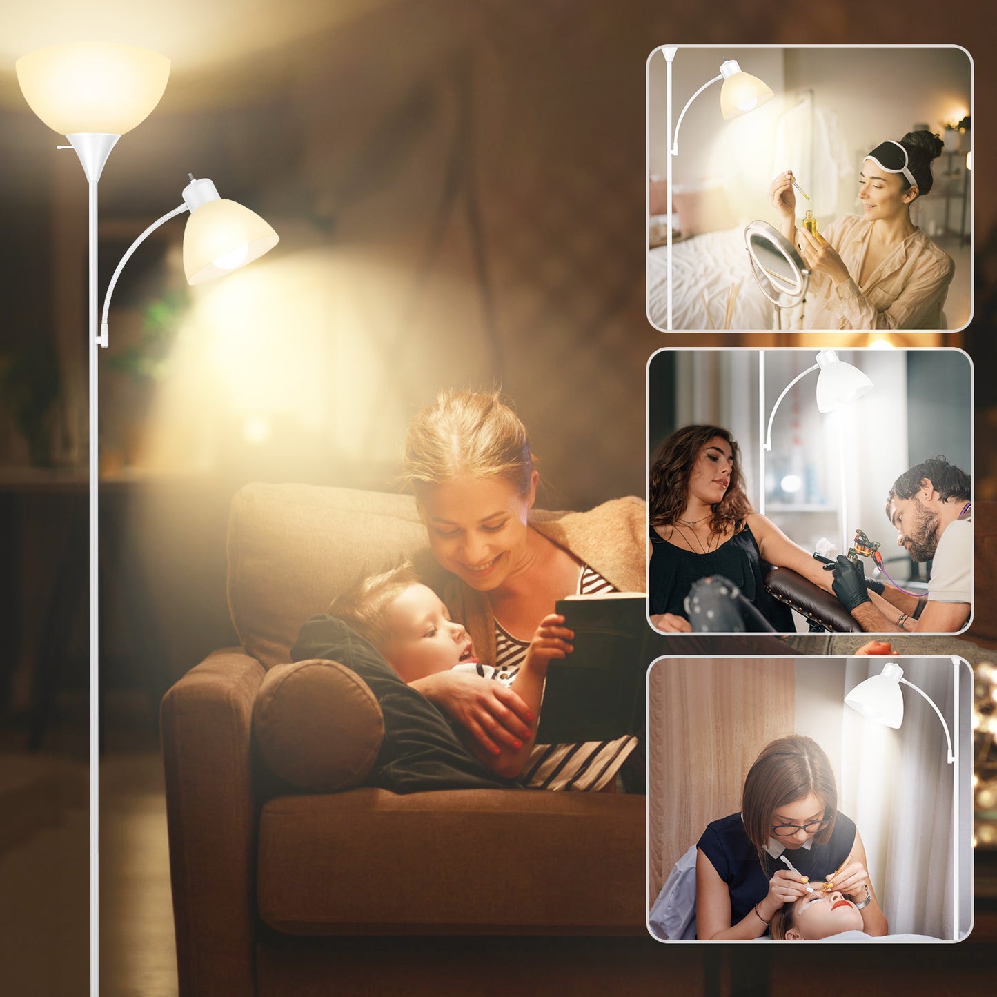OUTON Dimmable Floor Lamp with Reading Lamp, Remote Control, 3 Color Temperatures, 2 x 9W Energy-Saving LED Bulbs, Modern Standing Tall Lamp for Living Rooms & Bedroom, Office (White)