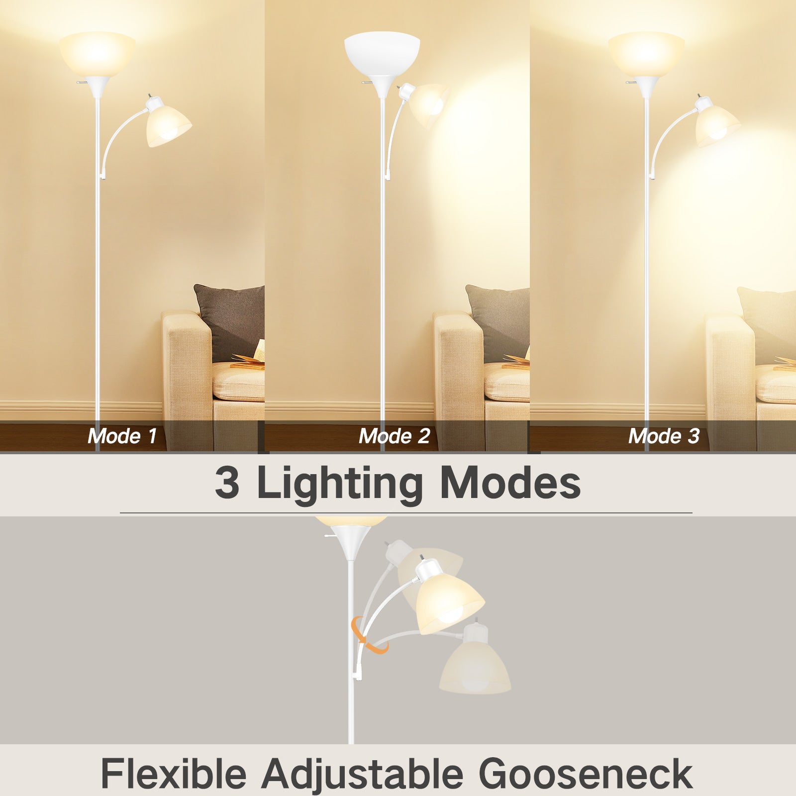 OUTON Dimmable Floor Lamp with Reading Lamp, Remote Control, 3 Color Temperatures, 2 x 9W Energy-Saving LED Bulbs, Modern Standing Tall Lamp for Living Rooms & Bedroom, Office (White)