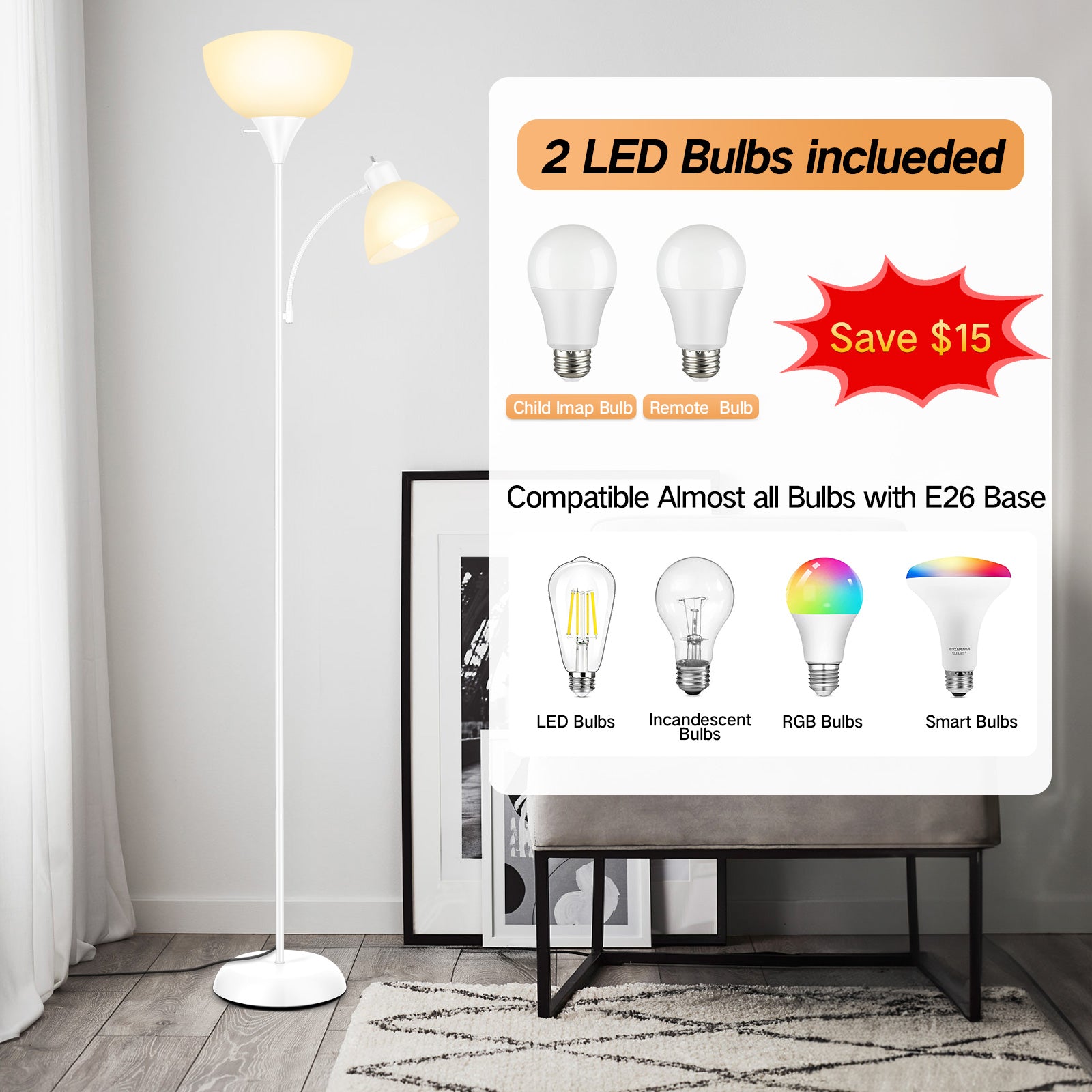 OUTON Dimmable Floor Lamp with Reading Lamp, Remote Control, 3 Color Temperatures, 2 x 9W Energy-Saving LED Bulbs, Modern Standing Tall Lamp for Living Rooms & Bedroom, Office (White)