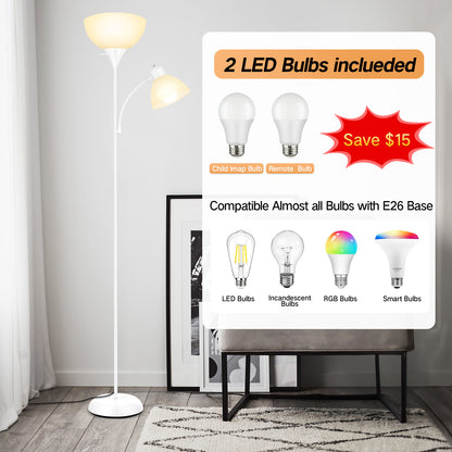 OUTON Dimmable Floor Lamp with Reading Lamp, Remote Control, 3 Color Temperatures, 2 x 9W Energy-Saving LED Bulbs, Modern Standing Tall Lamp for Living Rooms & Bedroom, Office (White)