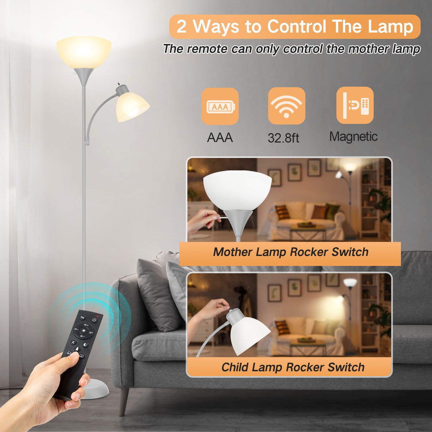 OUTON Dimmable Floor Lamp with Reading Lamp, Remote Control, 3 Color Temperatures, 2 x 9W Energy-Saving LED Bulbs, Modern Standing Tall Lamp for Living Rooms & Bedroom, Office (Silver Grey)
