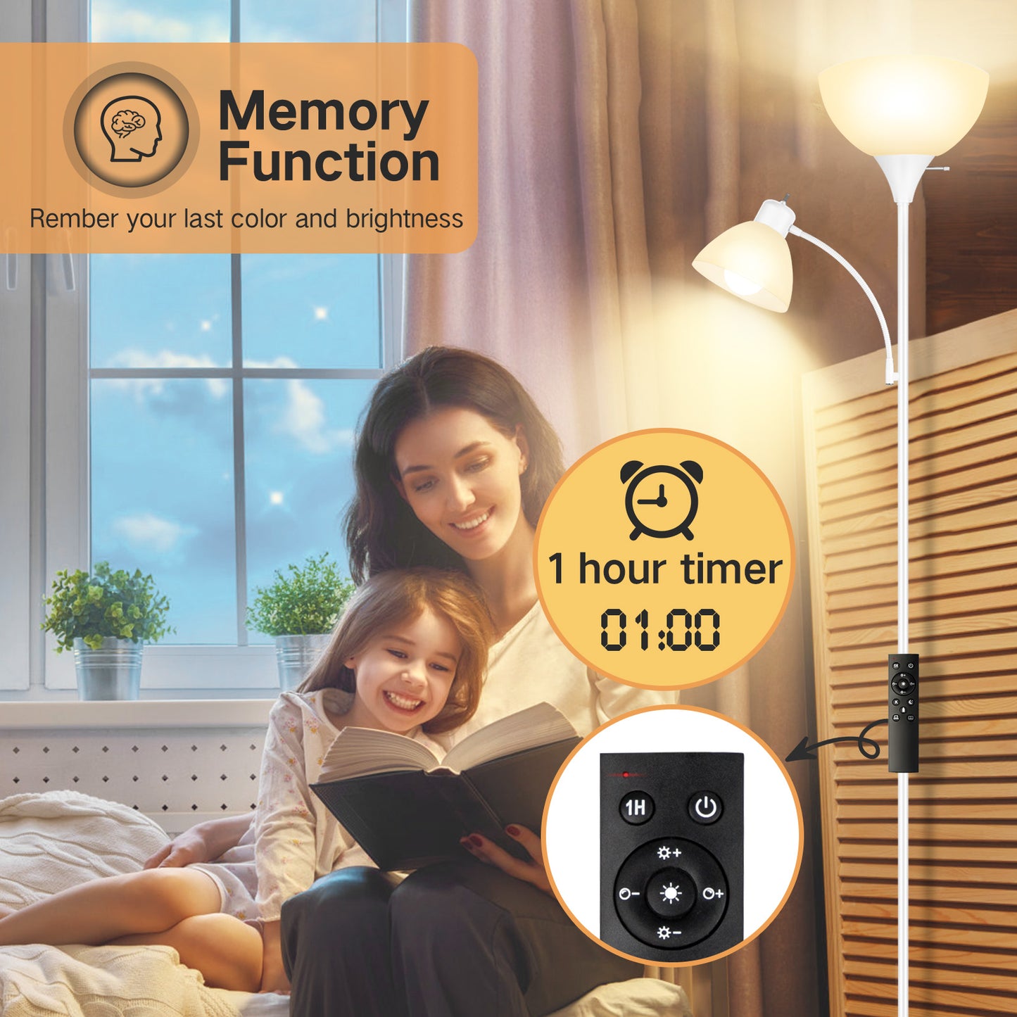 OUTON Dimmable Floor Lamp with Reading Lamp, Remote Control, 3 Color Temperatures, 2 x 9W Energy-Saving LED Bulbs, Modern Standing Tall Lamp for Living Rooms & Bedroom, Office (White)