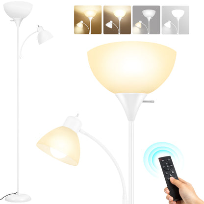 OUTON Dimmable Floor Lamp with Reading Lamp, Remote Control, 3 Color Temperatures, 2 x 9W Energy-Saving LED Bulbs, Modern Standing Tall Lamp for Living Rooms & Bedroom, Office (White)