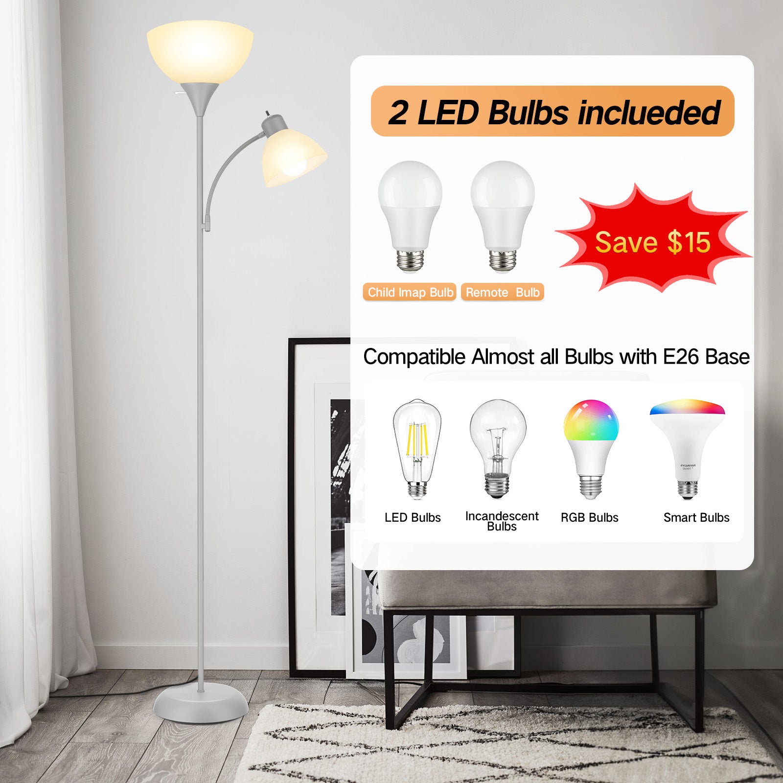 OUTON Dimmable Floor Lamp with Reading Lamp, Remote Control, 3 Color Temperatures, 2 x 9W Energy-Saving LED Bulbs, Modern Standing Tall Lamp for Living Rooms & Bedroom, Office (Silver Grey)