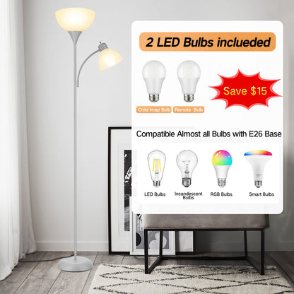 OUTON Dimmable Floor Lamp with Reading Lamp, Remote Control, 3 Color Temperatures, 2 x 9W Energy-Saving LED Bulbs, Modern Standing Tall Lamp for Living Rooms & Bedroom, Office (Silver Grey)