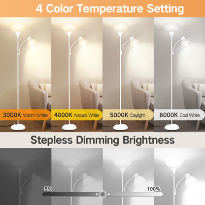 OUTON Dimmable Floor Lamp with Reading Lamp, Remote Control, 3 Color Temperatures, 2 x 9W Energy-Saving LED Bulbs, Modern Standing Tall Lamp for Living Rooms & Bedroom, Office (White)