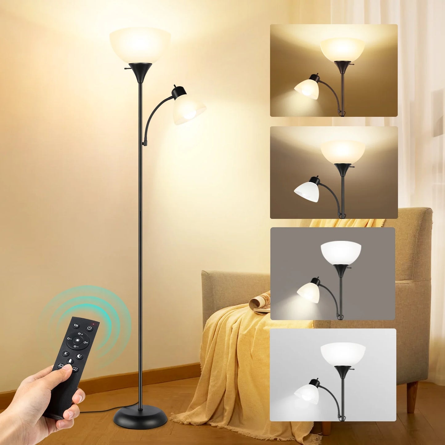 OUTON Floor Lamp with Reading Light, Remote Control Dimmable Standing Lamp, 3 Color Temperatures Modern Standing Light for Living Room, Black