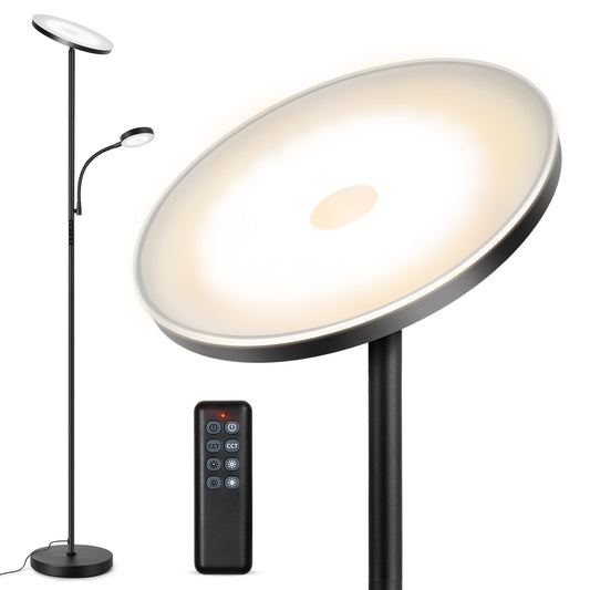 Outon LED Torchiere Floor Lamp with Reading Side Light, 4 Color Temperature Black Metal Standing Light for Living Room