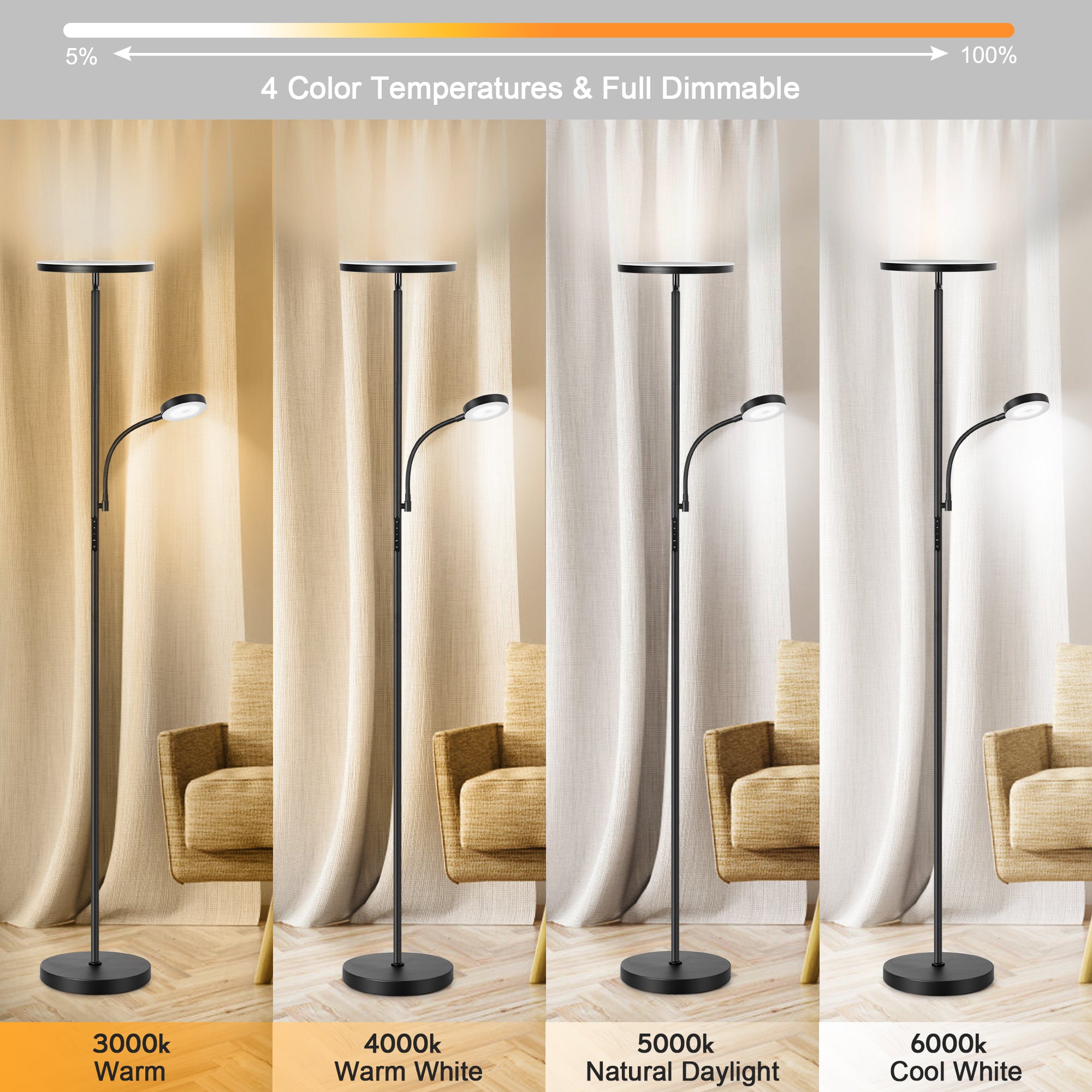 Outon LED Torchiere Floor Lamp with Reading Side Light, 4 Color Temperature Black Metal Standing Light for Living Room