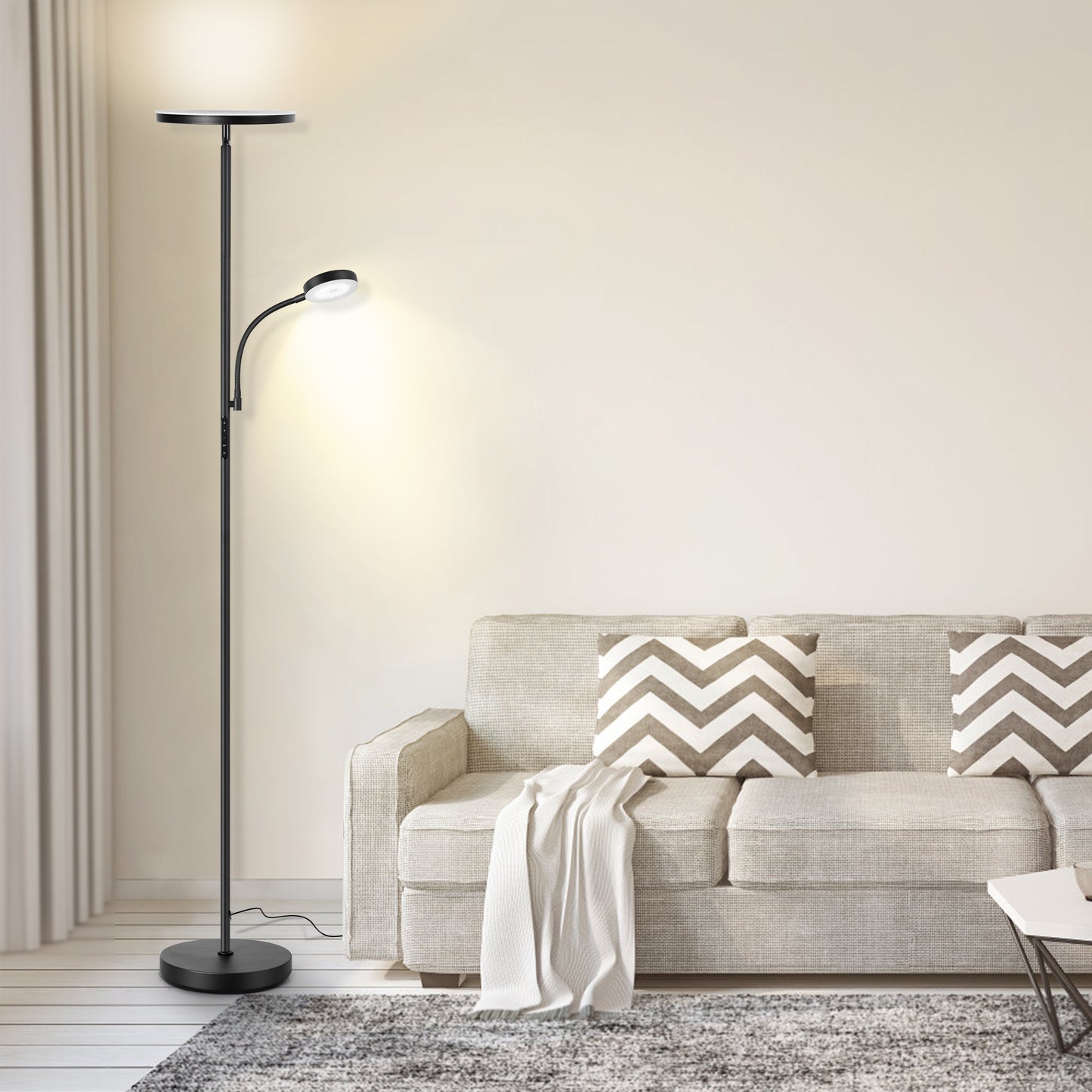 Outon LED Torchiere Floor Lamp with Reading Side Light, 4 Color Temperature Black Metal Standing Light for Living Room