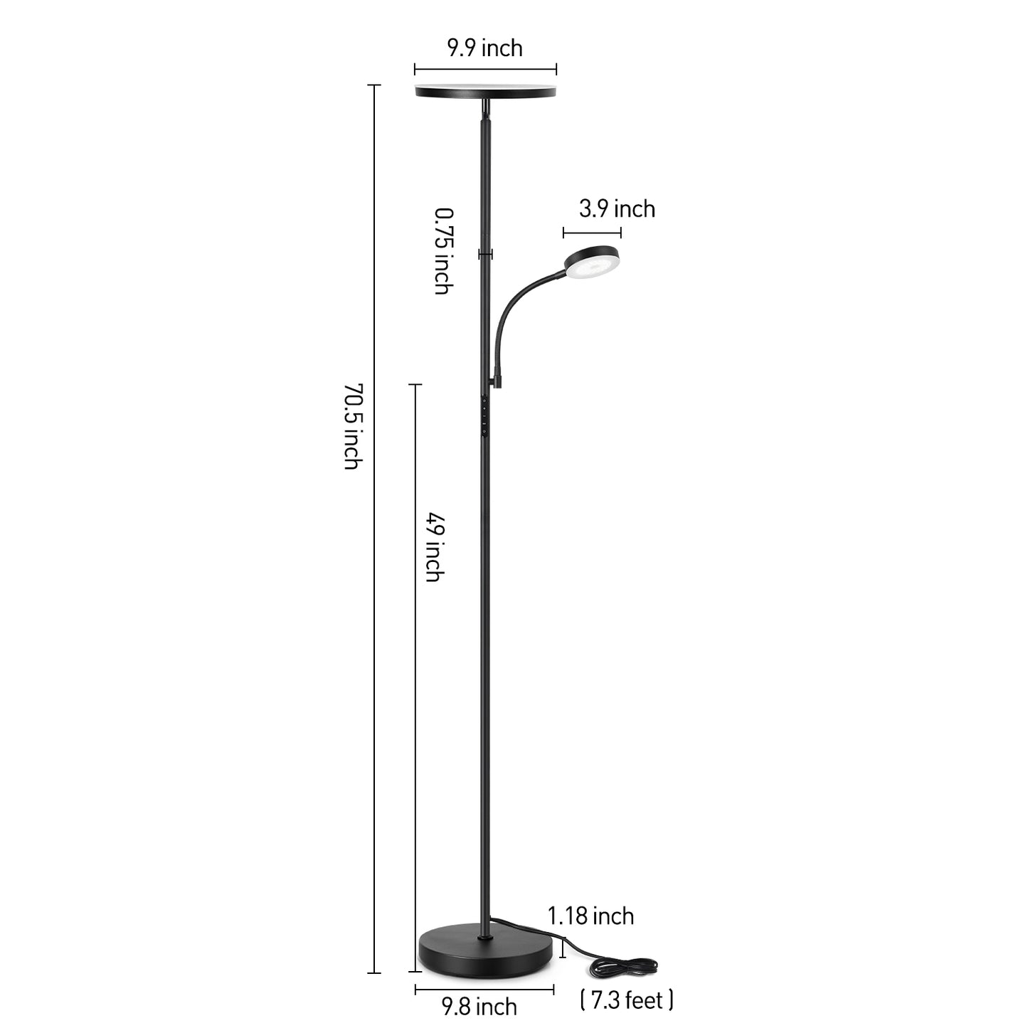 Outon LED Torchiere Floor Lamp with Reading Side Light, 4 Color Temperature Black Metal Standing Light for Living Room