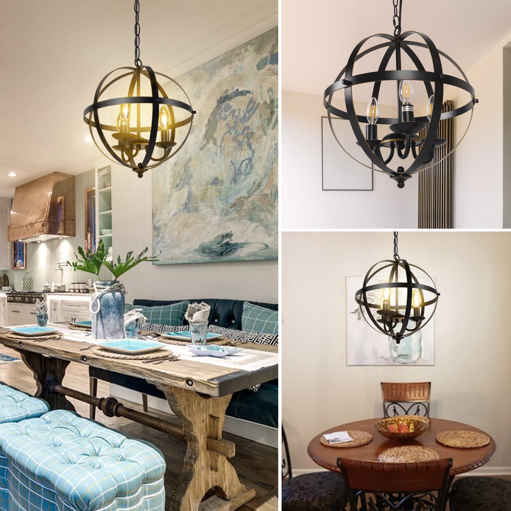 OUTON 3 Light Vintage Pendant Hanging Light with Metal Ring Design for Dining room Living room