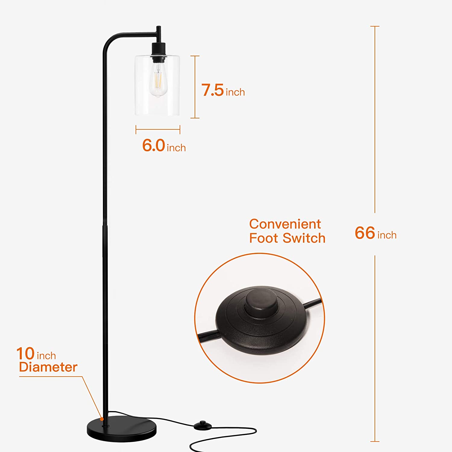 LED Floor Lamp, with Hanging Glass Lamp Shade and LED Bulb for Bedroom and Living Room, Modern Standing Industrial Lamp Tall Pole Lamp for Office, Classical Black