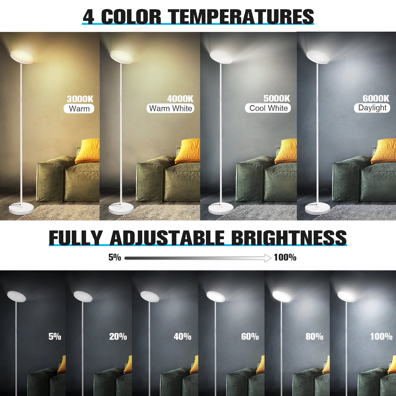 Outon Bright Floor Lamp-4 Color Temperature Torchiere Standing Light for Living Room, Bedroom Gray
