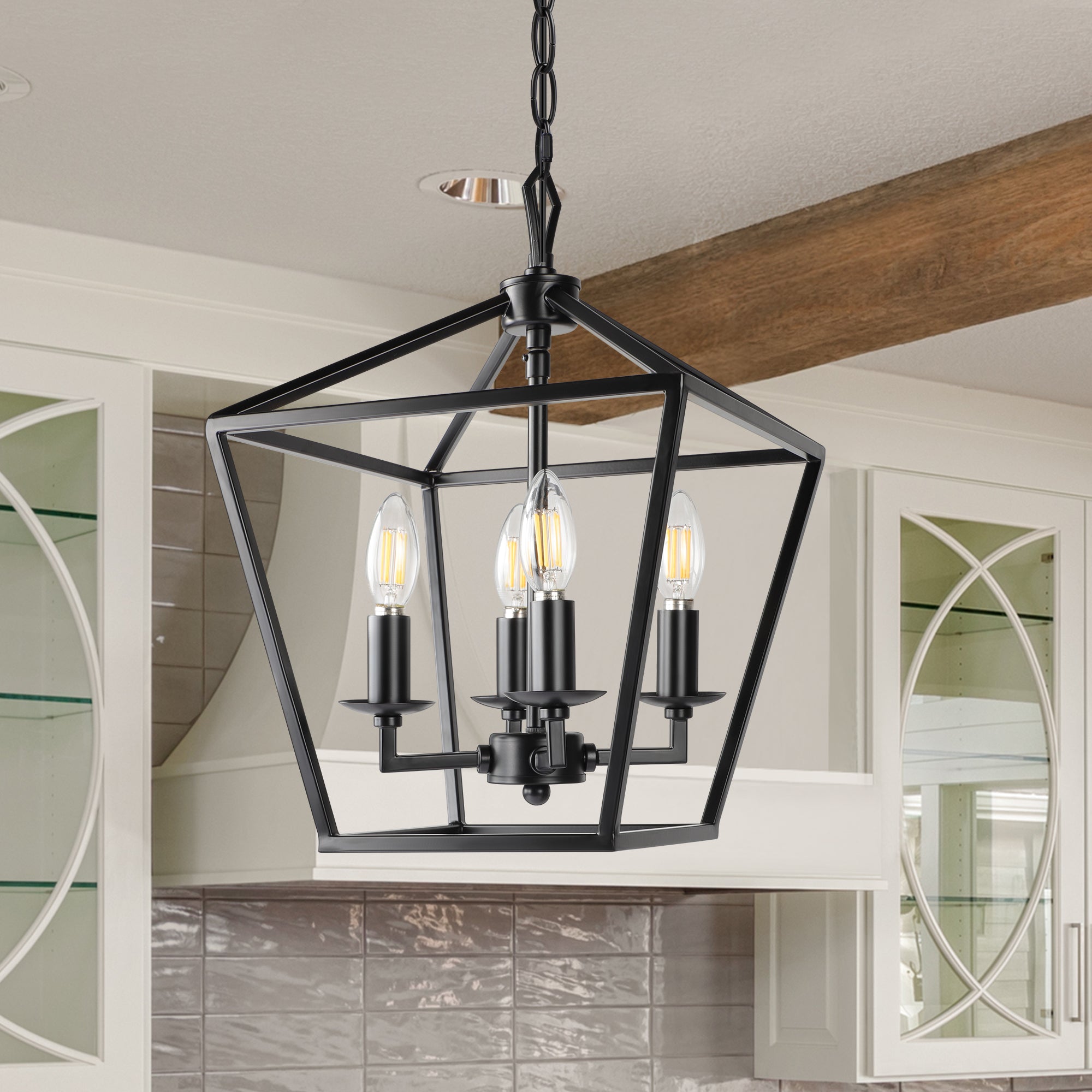 OUTON Pendant Light with 4 Light Black Metal Birdcage Kitchen Island Light for Dining Room living room
